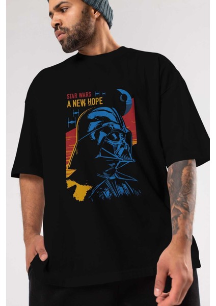 Star Wars Ön Baskılı Siyah Oversize T-Shirt Bisiklet Yaka Erkek Kadın modelleri
