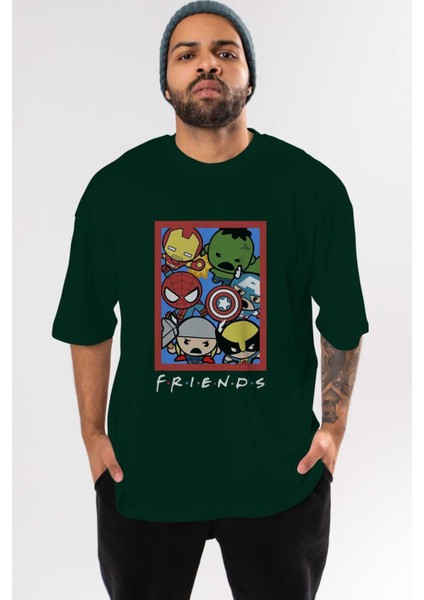 Friends Avenger Ön Baskılı Zümrüt Yeşili Oversize T-Shirt Bisiklet Yaka Pamuk Erkek Kadın