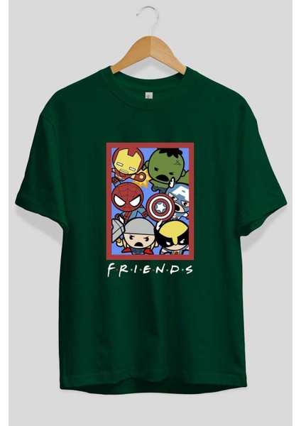 Friends Avenger Ön Baskılı Zümrüt Yeşili Oversize T-Shirt Bisiklet Yaka Pamuk Erkek Kadın fiyatları