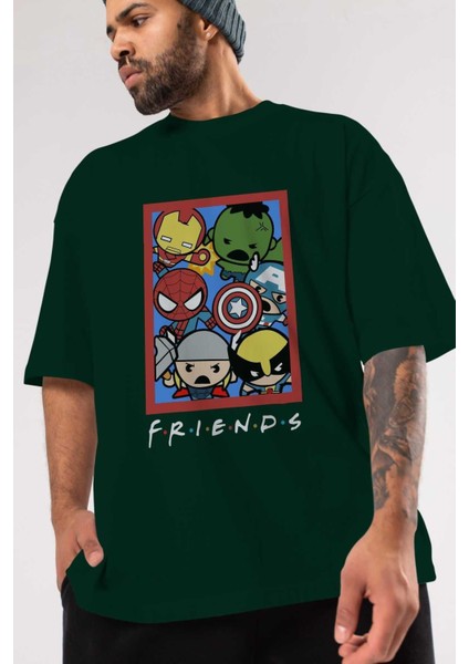 Friends Avenger Ön Baskılı Zümrüt Yeşili Oversize T-Shirt Bisiklet Yaka Pamuk Erkek Kadın modelleri