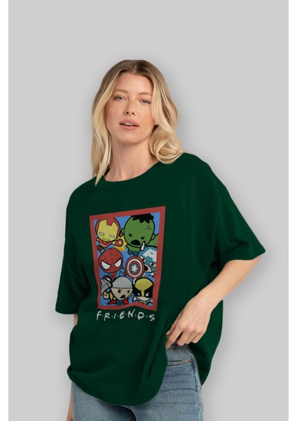 Friends Avenger Ön Baskılı Zümrüt Yeşili Oversize T-Shirt Bisiklet Yaka Pamuk Erkek Kadın fırsatları