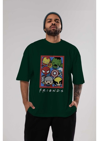 Friends Avenger Ön Baskılı Zümrüt Yeşili Oversize T-Shirt Bisiklet Yaka Pamuk Erkek Kadın indirimleri