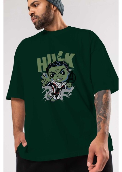 Hulk (8) Ön Baskılı Zümrüt Yeşili Oversize T-Shirt Bisiklet Yaka Pamuk Erkek Kadın modelleri