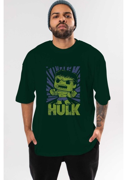 Hulk (2) Ön Baskılı Zümrüt Yeşili Oversize T-Shirt Bisiklet Yaka Pamuk Erkek Kadın