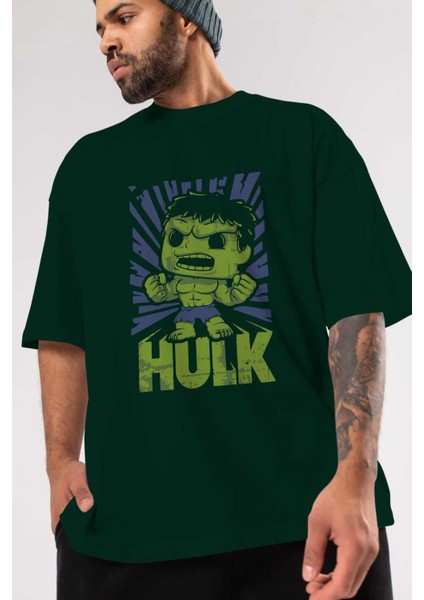 Hulk (2) Ön Baskılı Zümrüt Yeşili Oversize T-Shirt Bisiklet Yaka Pamuk Erkek Kadın modelleri