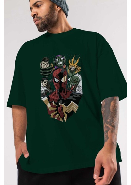 Spiderman (31) Ön Baskılı Zümrüt Yeşili Oversize T-Shirt Bisiklet Yaka Pamuk Erkek Kadın