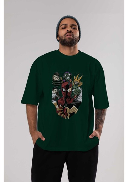 Spiderman (31) Ön Baskılı Zümrüt Yeşili Oversize T-Shirt Bisiklet Yaka Pamuk Erkek Kadın
