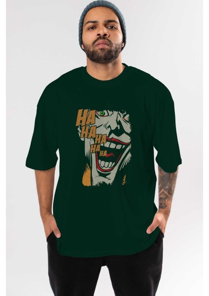 Joker (7) Ön Baskılı Zümrüt Yeşili Oversize T-Shirt Bisiklet Yaka Pamuk Erkek Kadın