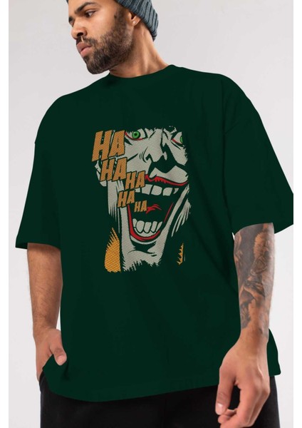 Joker (7) Ön Baskılı Zümrüt Yeşili Oversize T-Shirt Bisiklet Yaka Pamuk Erkek Kadın modelleri