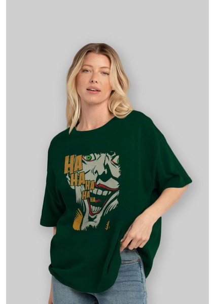 Joker (7) Ön Baskılı Zümrüt Yeşili Oversize T-Shirt Bisiklet Yaka Pamuk Erkek Kadın fırsatları