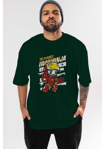 Iron Ninja Ön Baskılı Zümrüt Yeşili Oversize T-Shirt Bisiklet Yaka Pamuk Erkek Kadın