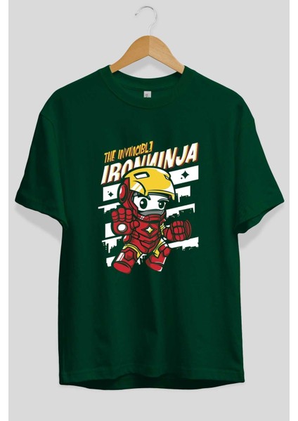 Iron Ninja Ön Baskılı Zümrüt Yeşili Oversize T-Shirt Bisiklet Yaka Pamuk Erkek Kadın fiyatları