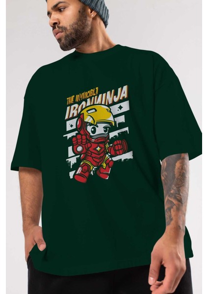 Iron Ninja Ön Baskılı Zümrüt Yeşili Oversize T-Shirt Bisiklet Yaka Pamuk Erkek Kadın modelleri