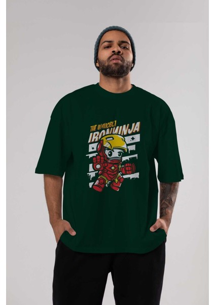 Iron Ninja Ön Baskılı Zümrüt Yeşili Oversize T-Shirt Bisiklet Yaka Pamuk Erkek Kadın indirimleri