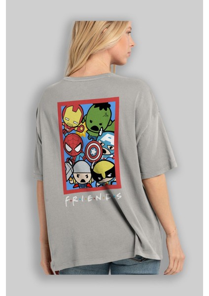 Friends Avenger Arka Baskılı Gri Oversize T-Shirt Bisiklet Yaka Pamuk Erkek Kadın modelleri