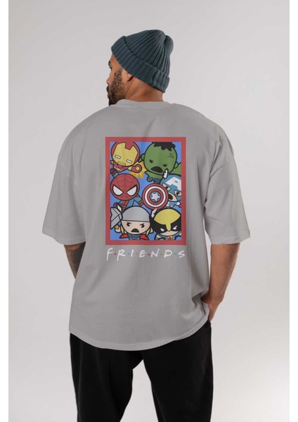 Friends Avenger Arka Baskılı Gri Oversize T-Shirt Bisiklet Yaka Pamuk Erkek Kadın fırsatları