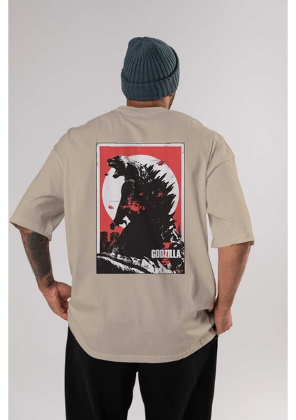 Godzilla (2) Arka Baskılı Bej Oversize T-Shirt Bisiklet Yaka Pamuk Erkek Kadın