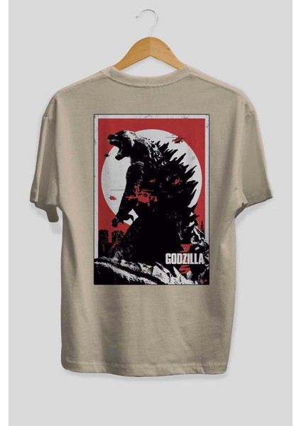 Godzilla (2) Arka Baskılı Bej Oversize T-Shirt Bisiklet Yaka Pamuk Erkek Kadın fiyatları