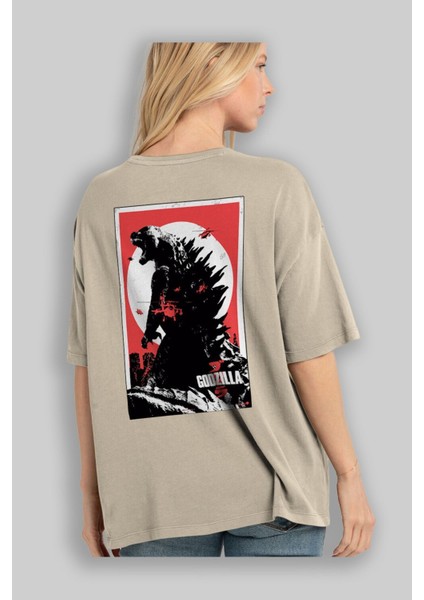 Godzilla (2) Arka Baskılı Bej Oversize T-Shirt Bisiklet Yaka Pamuk Erkek Kadın modelleri