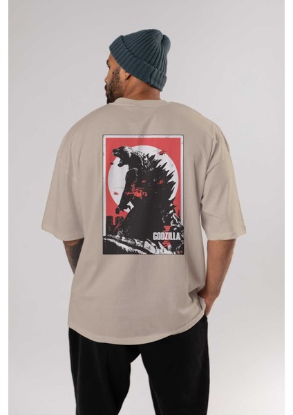 Godzilla (2) Arka Baskılı Bej Oversize T-Shirt Bisiklet Yaka Pamuk Erkek Kadın fırsatları