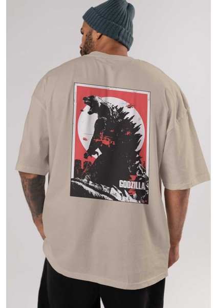Godzilla (2) Arka Baskılı Bej Oversize T-Shirt Bisiklet Yaka Pamuk Erkek Kadın indirimleri
