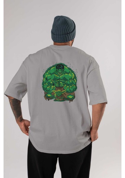 Hulk (7) Arka Baskılı Gri Oversize T-Shirt Bisiklet Yaka Pamuk Erkek Kadın