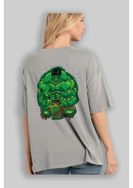 Hulk (7) Arka Baskılı Gri Oversize T-Shirt Bisiklet Yaka Pamuk Erkek Kadın modelleri