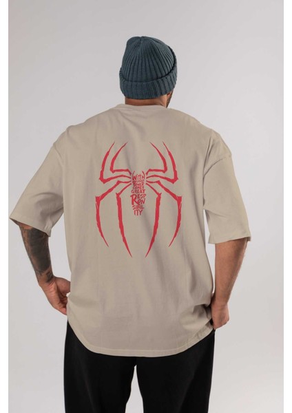 Spiderman (1) Arka Baskılı Bej Oversize T-Shirt Bisiklet Yaka Pamuk Erkek Kadın