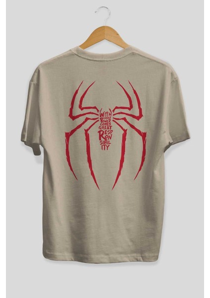 Spiderman (1) Arka Baskılı Bej Oversize T-Shirt Bisiklet Yaka Pamuk Erkek Kadın fiyatları