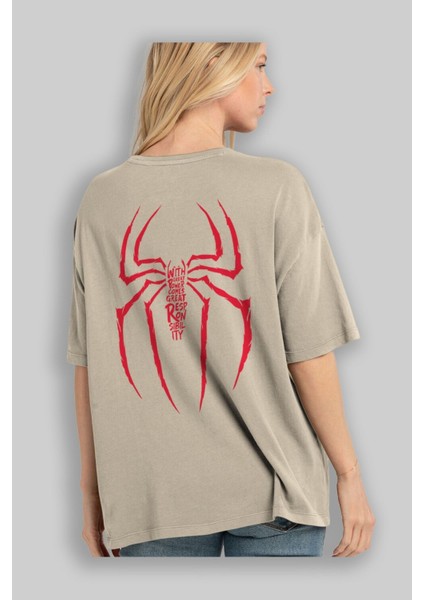 Spiderman (1) Arka Baskılı Bej Oversize T-Shirt Bisiklet Yaka Pamuk Erkek Kadın modelleri