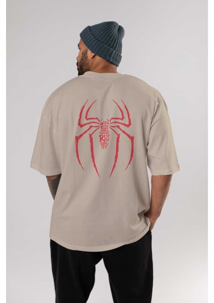Spiderman (1) Arka Baskılı Bej Oversize T-Shirt Bisiklet Yaka Pamuk Erkek Kadın fırsatları