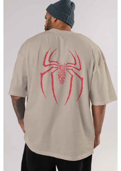 Spiderman (1) Arka Baskılı Bej Oversize T-Shirt Bisiklet Yaka Pamuk Erkek Kadın indirimleri