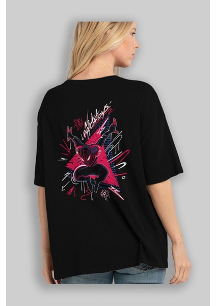 Spiderman (23) Arka Baskılı Siyah Oversize T-Shirt Bisiklet Yaka Pamuk Erkek Kadın fırsatları