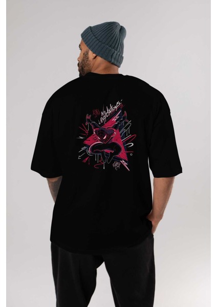 Spiderman (23) Arka Baskılı Siyah Oversize T-Shirt Bisiklet Yaka Pamuk Erkek Kadın indirimleri