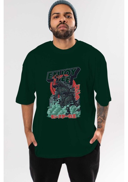 Godzilla Ön Baskılı Zümrüt Yeşili Oversize T-Shirt Bisiklet Yaka Pamuk Erkek Kadın