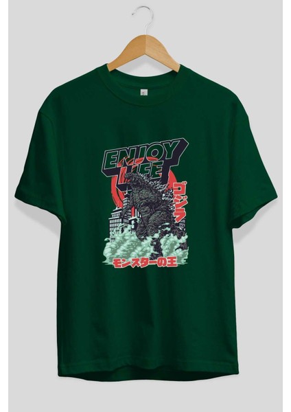Godzilla Ön Baskılı Zümrüt Yeşili Oversize T-Shirt Bisiklet Yaka Pamuk Erkek Kadın fiyatları