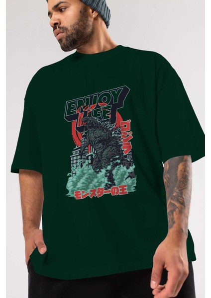 Godzilla Ön Baskılı Zümrüt Yeşili Oversize T-Shirt Bisiklet Yaka Pamuk Erkek Kadın modelleri
