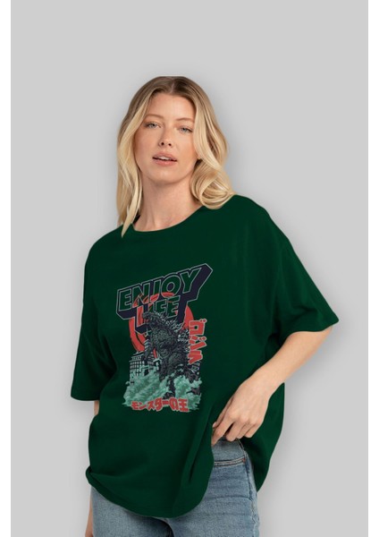 Godzilla Ön Baskılı Zümrüt Yeşili Oversize T-Shirt Bisiklet Yaka Pamuk Erkek Kadın fırsatları