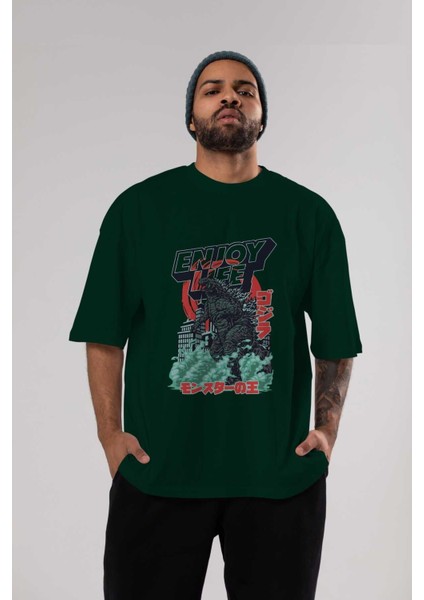 Godzilla Ön Baskılı Zümrüt Yeşili Oversize T-Shirt Bisiklet Yaka Pamuk Erkek Kadın indirimleri