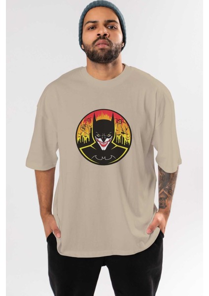 Batman (1) Ön Baskılı Bej Oversize T-Shirt Bisiklet Yaka Pamuk Erkek Kadın