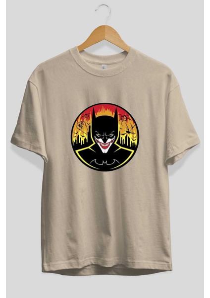 Batman (1) Ön Baskılı Bej Oversize T-Shirt Bisiklet Yaka Pamuk Erkek Kadın fiyatları