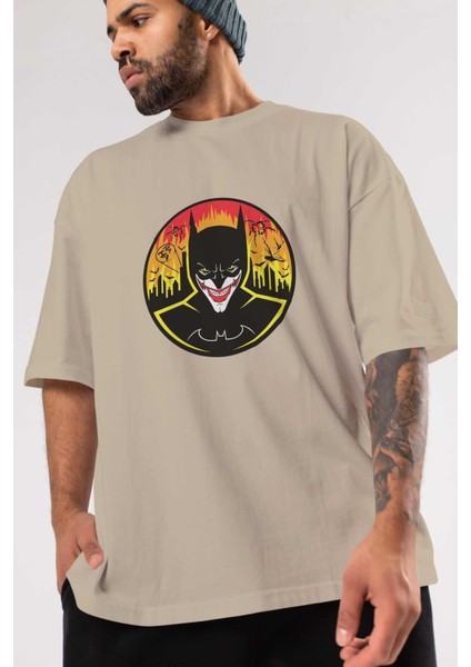 Batman (1) Ön Baskılı Bej Oversize T-Shirt Bisiklet Yaka Pamuk Erkek Kadın modelleri