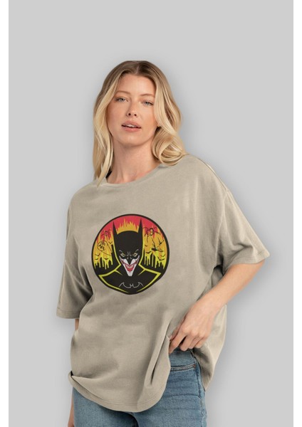 Batman (1) Ön Baskılı Bej Oversize T-Shirt Bisiklet Yaka Pamuk Erkek Kadın fırsatları