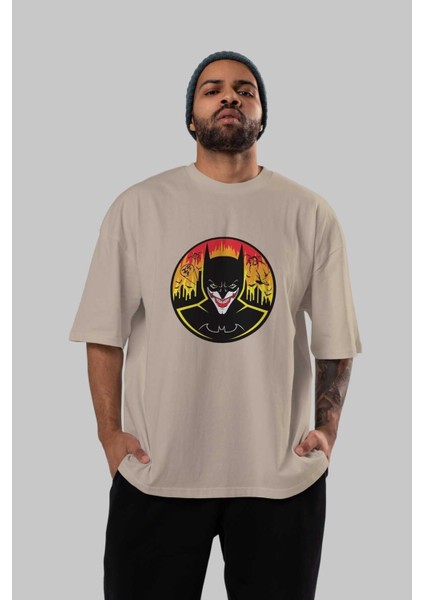 Batman (1) Ön Baskılı Bej Oversize T-Shirt Bisiklet Yaka Pamuk Erkek Kadın indirimleri