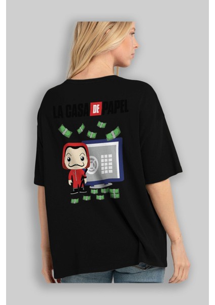La Casa De Papel (4) Arka Baskılı Siyah Oversize T-Shirt Bisiklet Yaka Pamuk Erkek Kadın