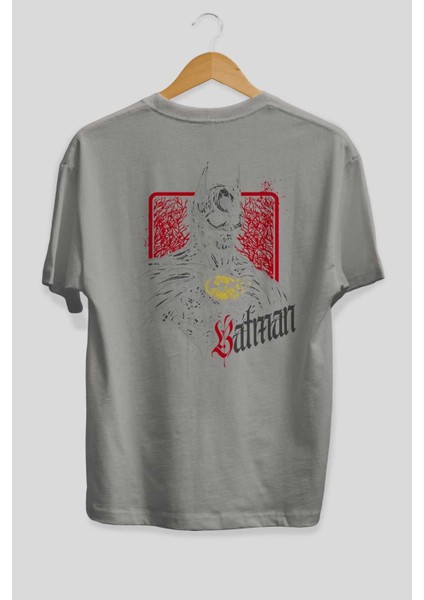 Batman (12) Arka Baskılı Gri Oversize T-Shirt Bisiklet Yaka Pamuk Erkek Kadın fiyatları