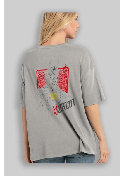 Batman (12) Arka Baskılı Gri Oversize T-Shirt Bisiklet Yaka Pamuk Erkek Kadın modelleri