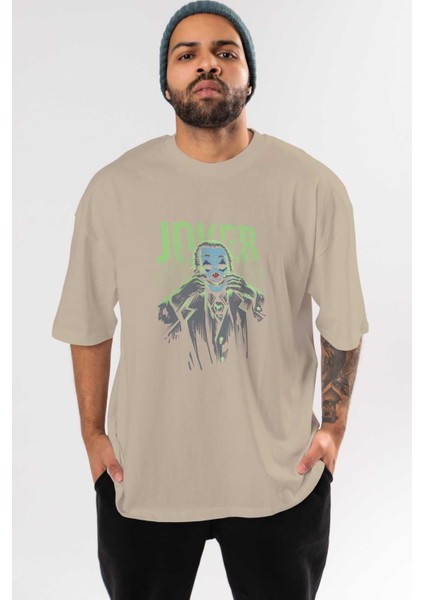 Joker (9) Ön Baskılı Bej Oversize T-Shirt Bisiklet Yaka Pamuk Erkek Kadın