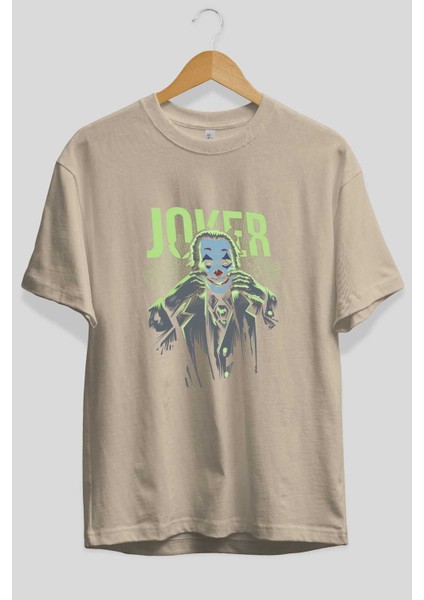 Joker (9) Ön Baskılı Bej Oversize T-Shirt Bisiklet Yaka Pamuk Erkek Kadın fiyatları