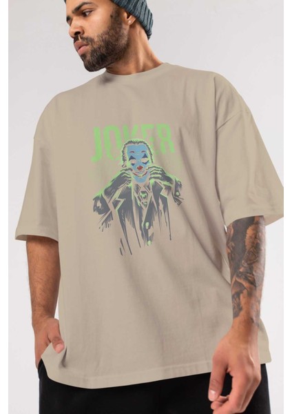 Joker (9) Ön Baskılı Bej Oversize T-Shirt Bisiklet Yaka Pamuk Erkek Kadın modelleri
